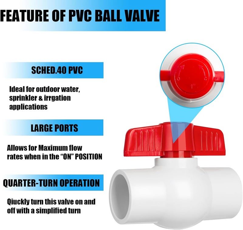 AODESTINY 8PCS 3/4" PVC Ball Valve, Shut-Off Ball Valves Socket with Easy Turn Red T-Handles, Slip PVC Valve for Water Project, Swimming Pool, Sewage Pump, Sprinkler Lines, Outdoor Plumbing & Irrigation System - Image 3